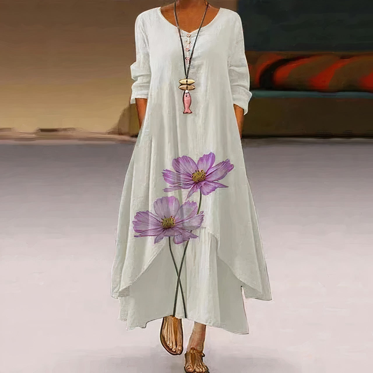 Long Sleeve Floral Maxi Dress - Beige/Purple
