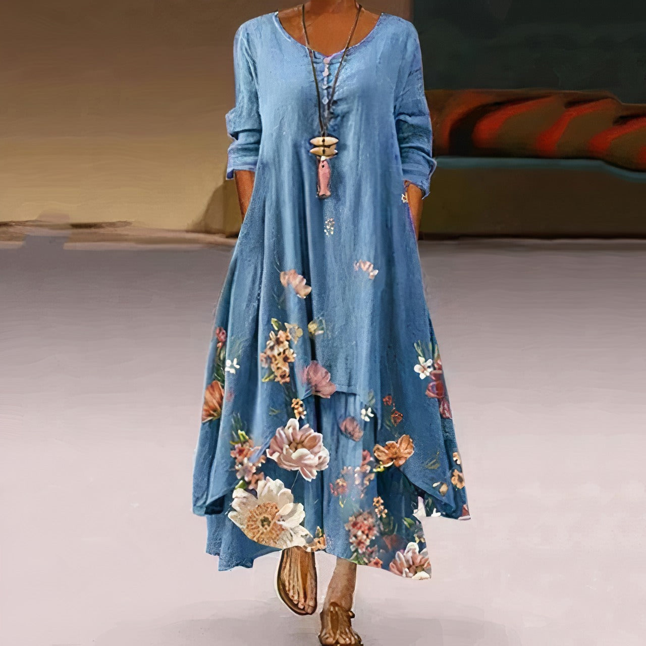 Long Sleeve Floral Maxi Dress - Blue