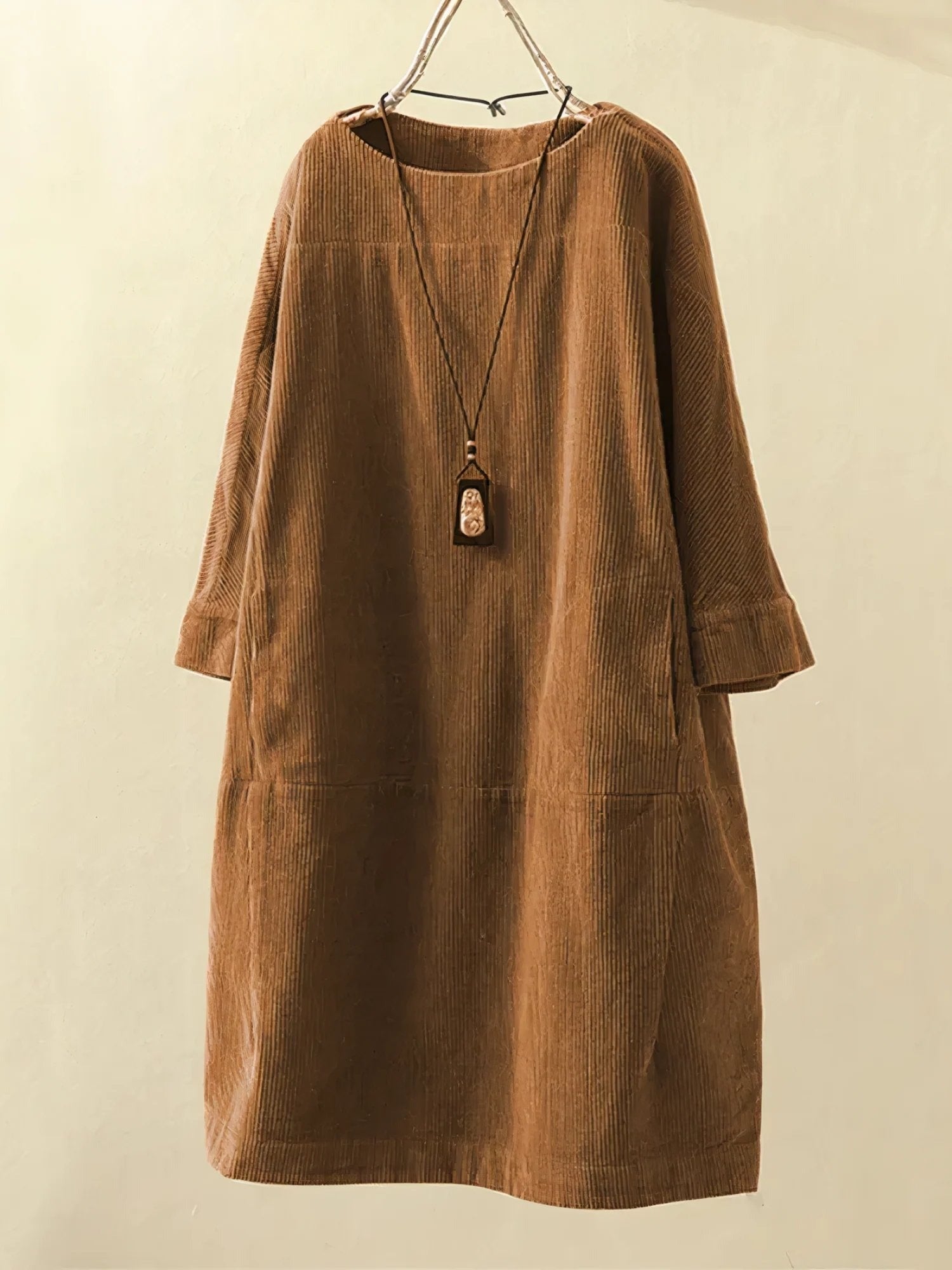 Long Sleeve Shift Dress - Brown