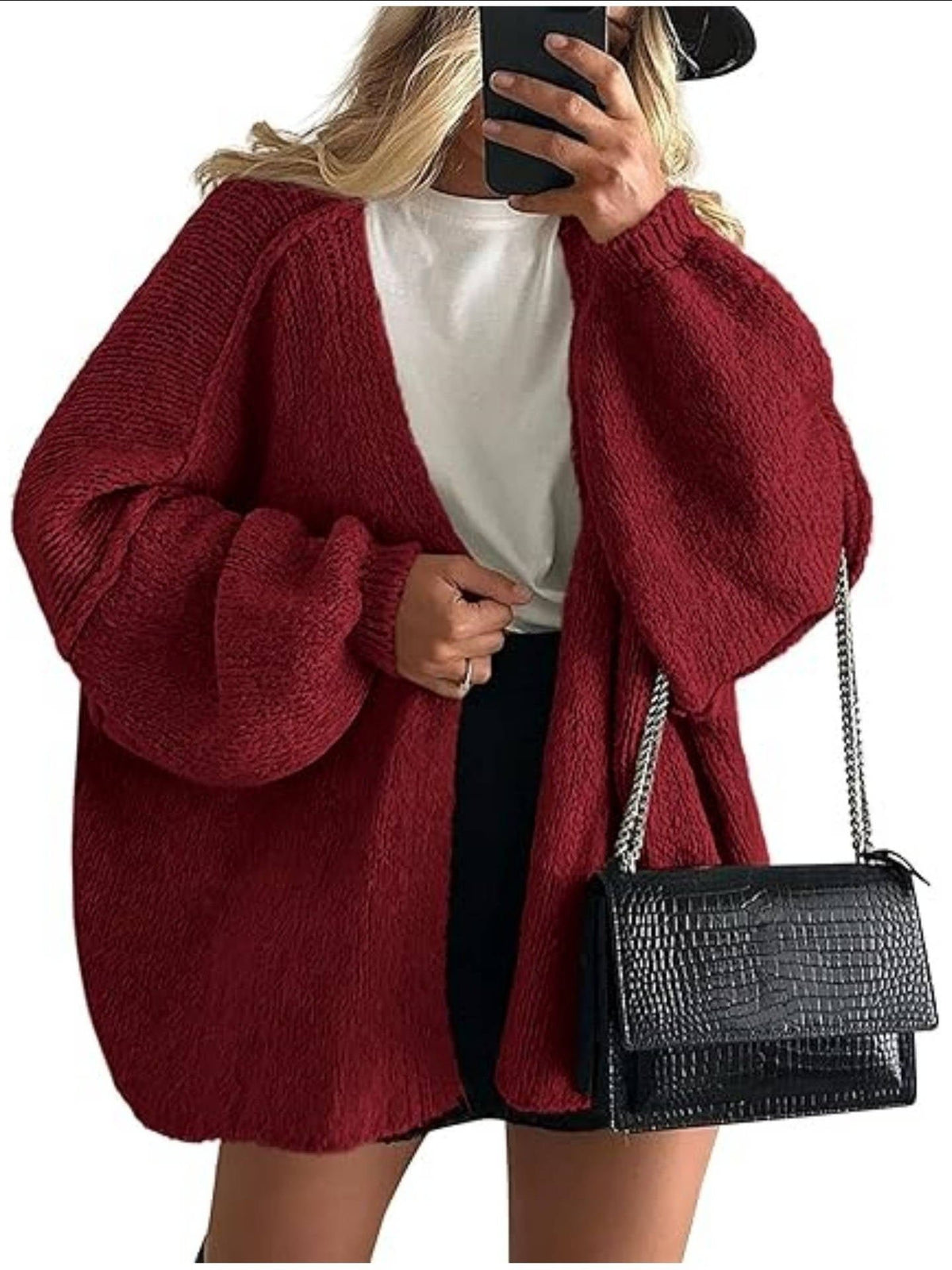 Women's Oversized Chunky Knit Cardigan - Dark Red