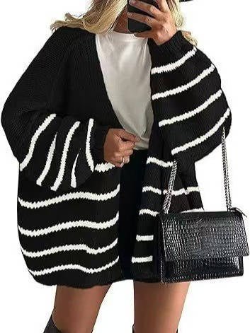 Women's Oversized Chunky Knit Cardigan - Black and White Stripes
