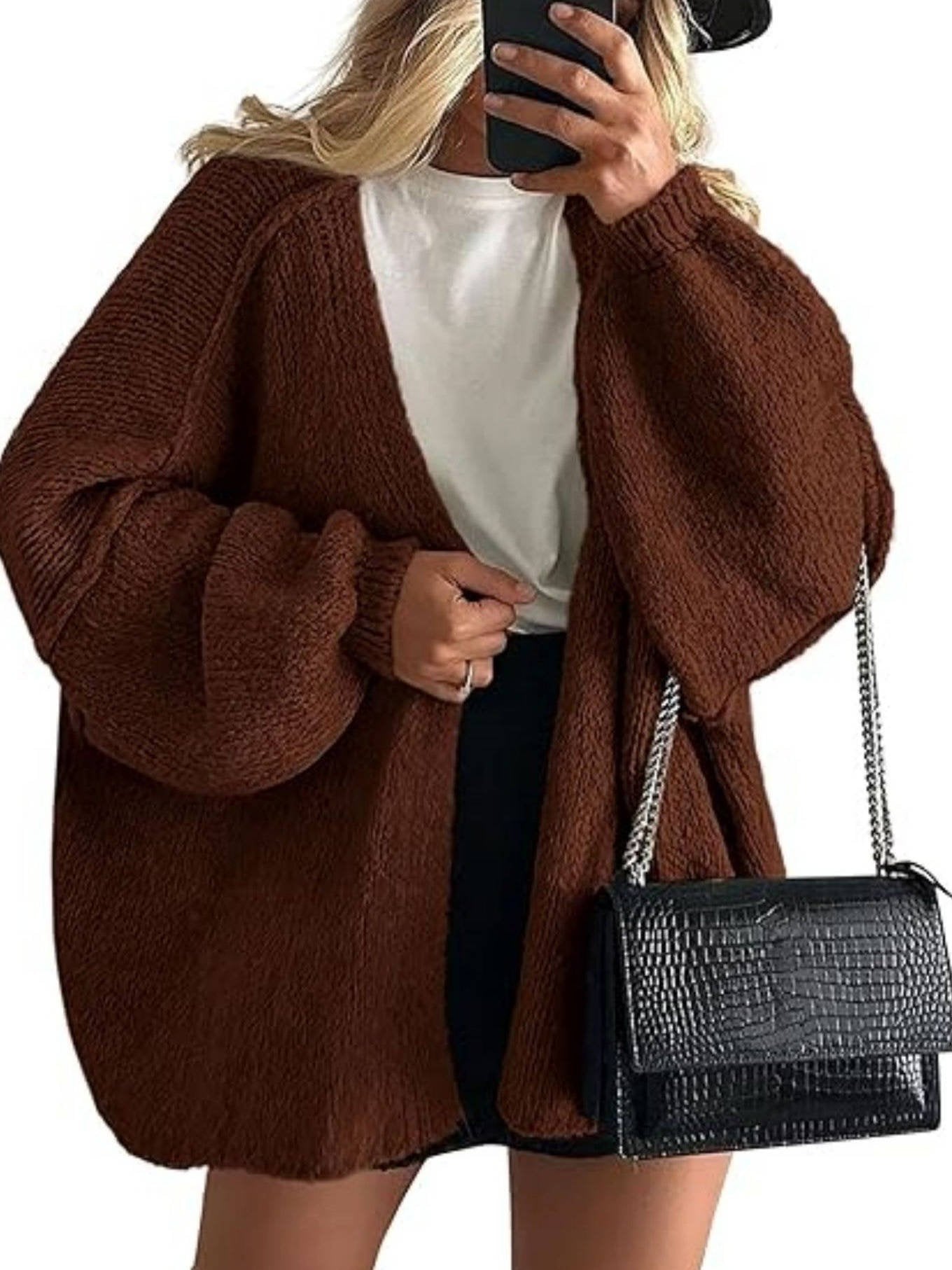 Women's Oversized Chunky Knit Cardigan - Dark Brown