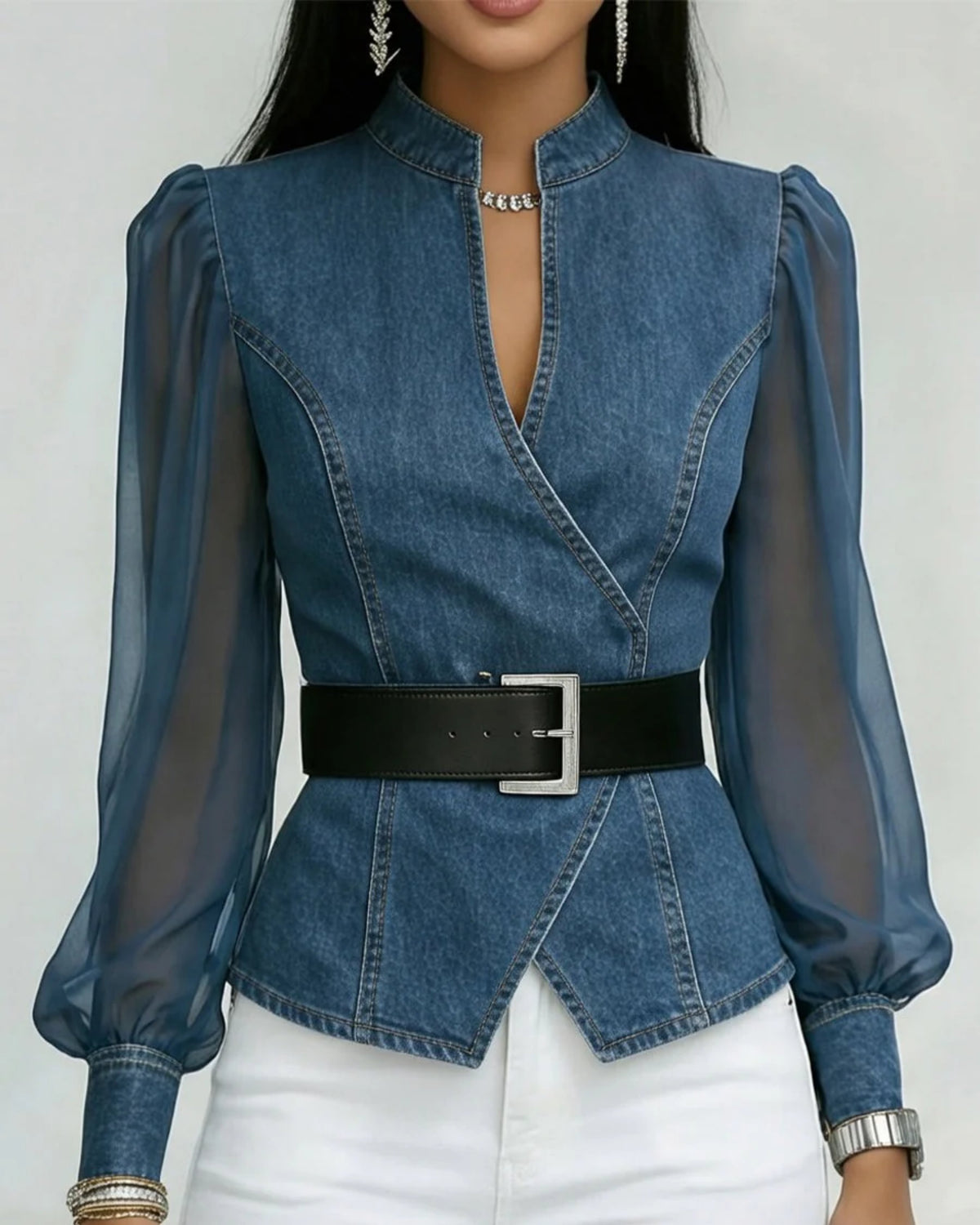Women's V-Neck Denim Wrap Blouse - Sky Blue