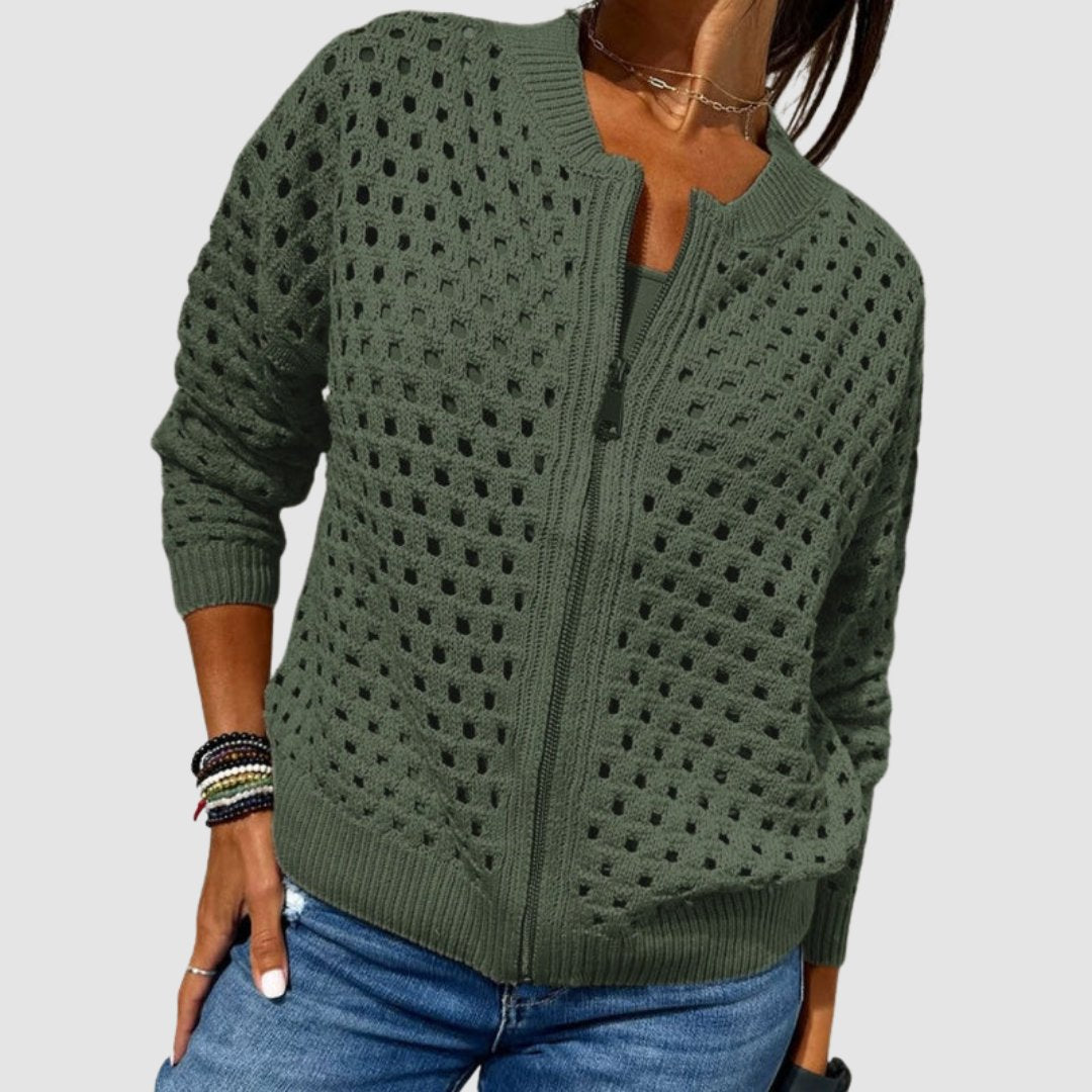 Women's Crochet Zip Cardigan - Green
