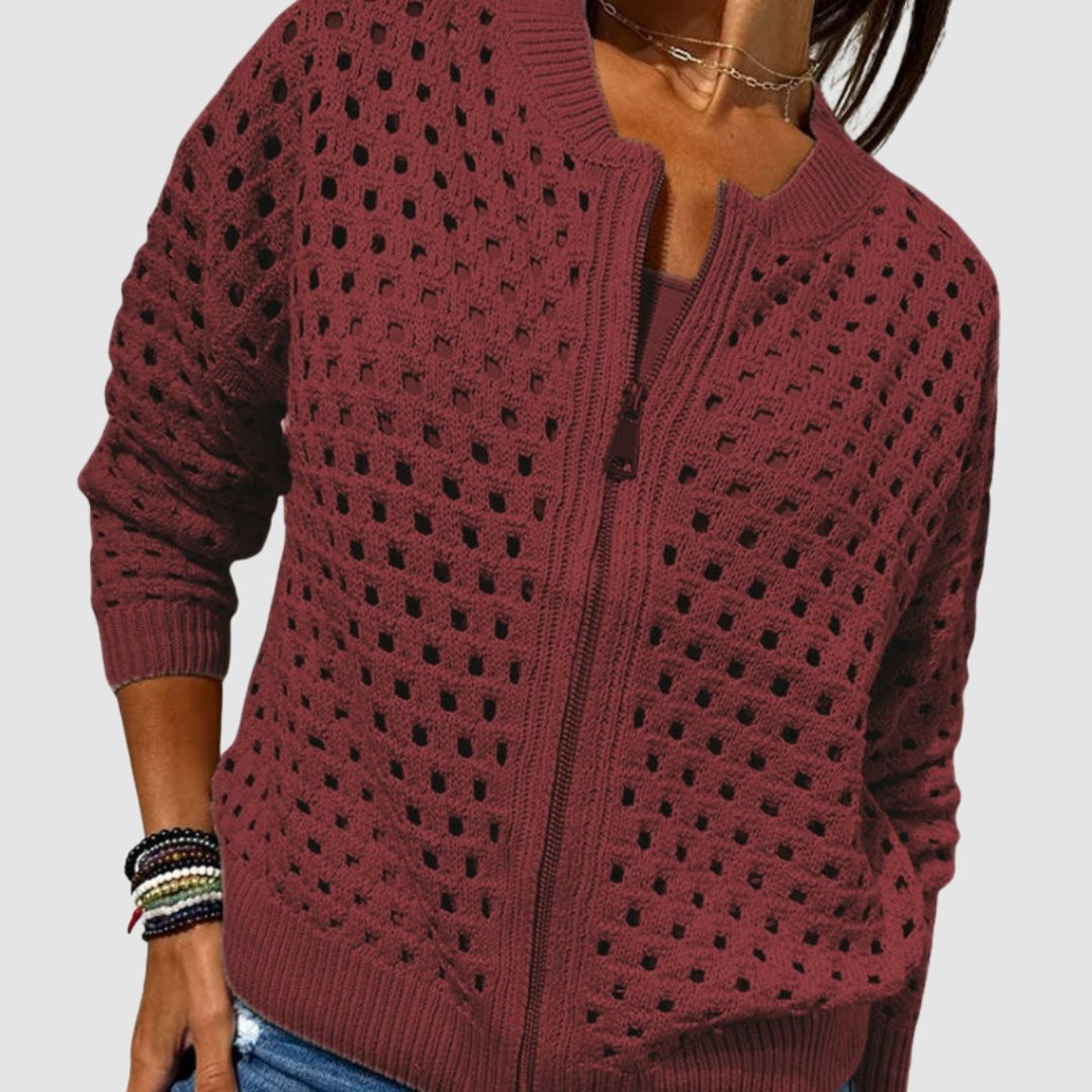 Women's Crochet Zip Cardigan - Burgundy