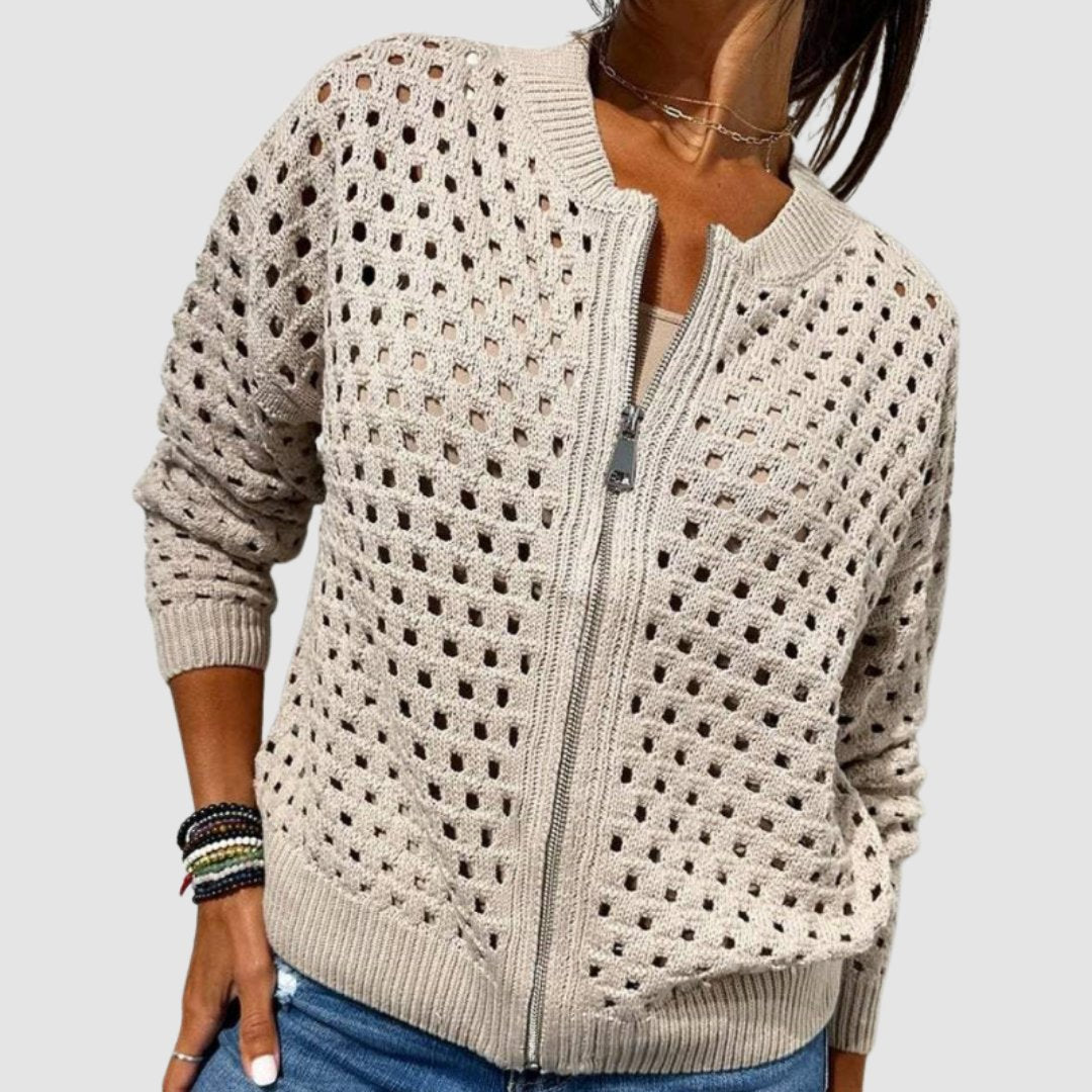 Women's Crochet Zip Cardigan - Beige
