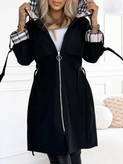 Women's Hooded A-Line Trench Coat - Black