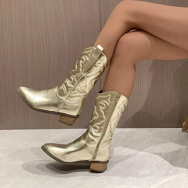Women's Knee-High Faux Leather Cowboy Boots - Gold