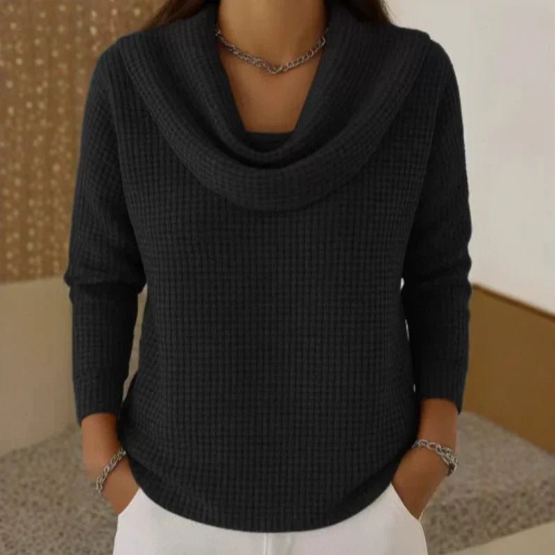 Women's Long Sleeve Waffle Knit Top - Black