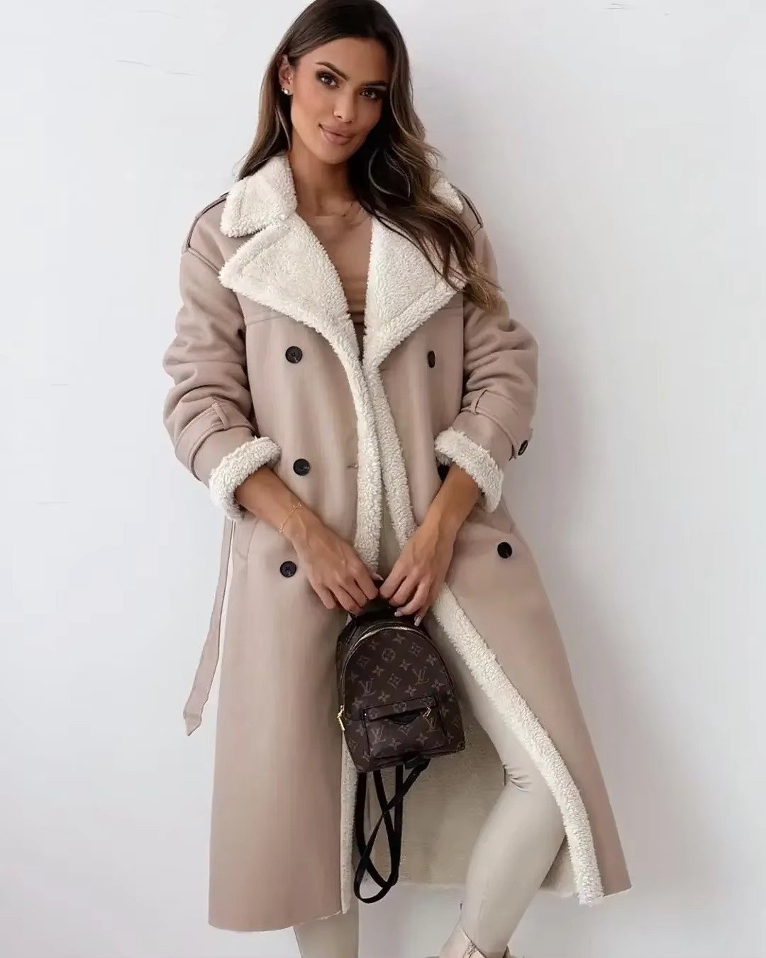 Women's Oversized Faux Leather Trench Coat - Apricot
