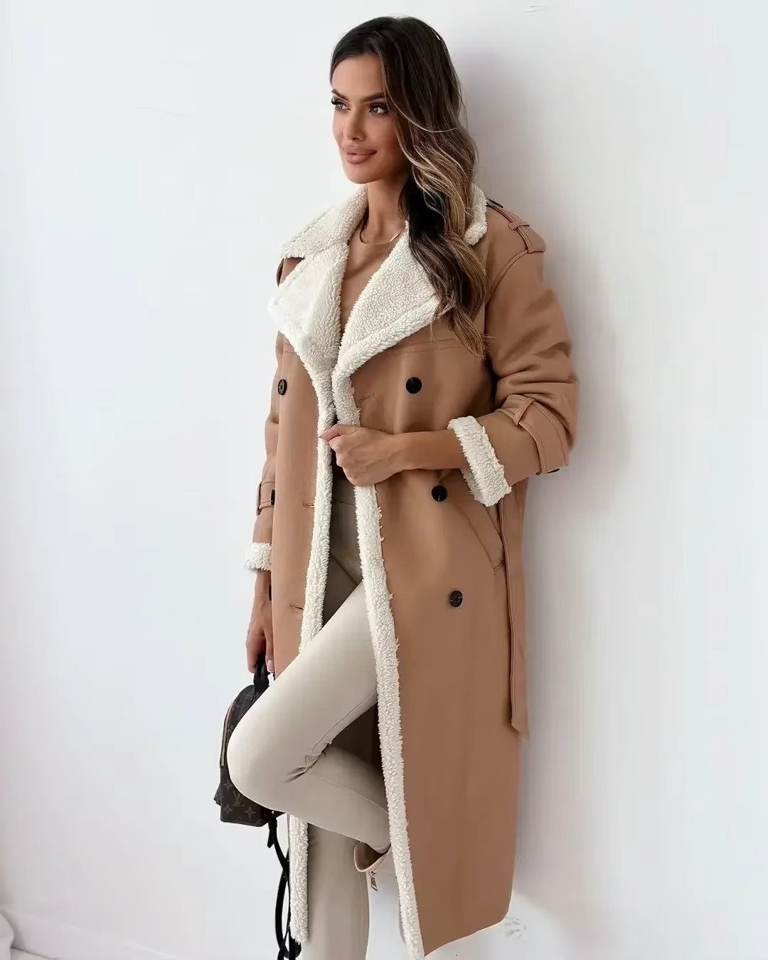Women's Oversized Faux Leather Trench Coat - Khaki