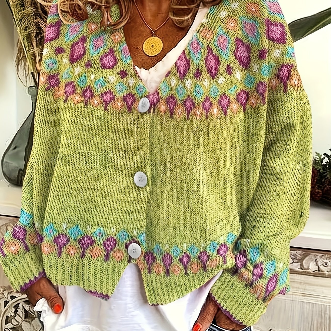 Women's Oversized Floral Cardigan - Greenish Yellow