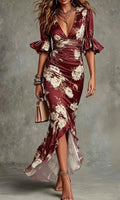 Floral Ruched Maxi Dress - Red