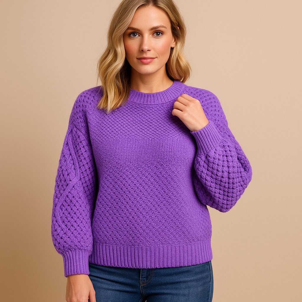 Women's Cable-Knit Crew Neck Wool Sweater - Violet
