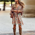 Boho Long Sleeve Mini Dress - Brown