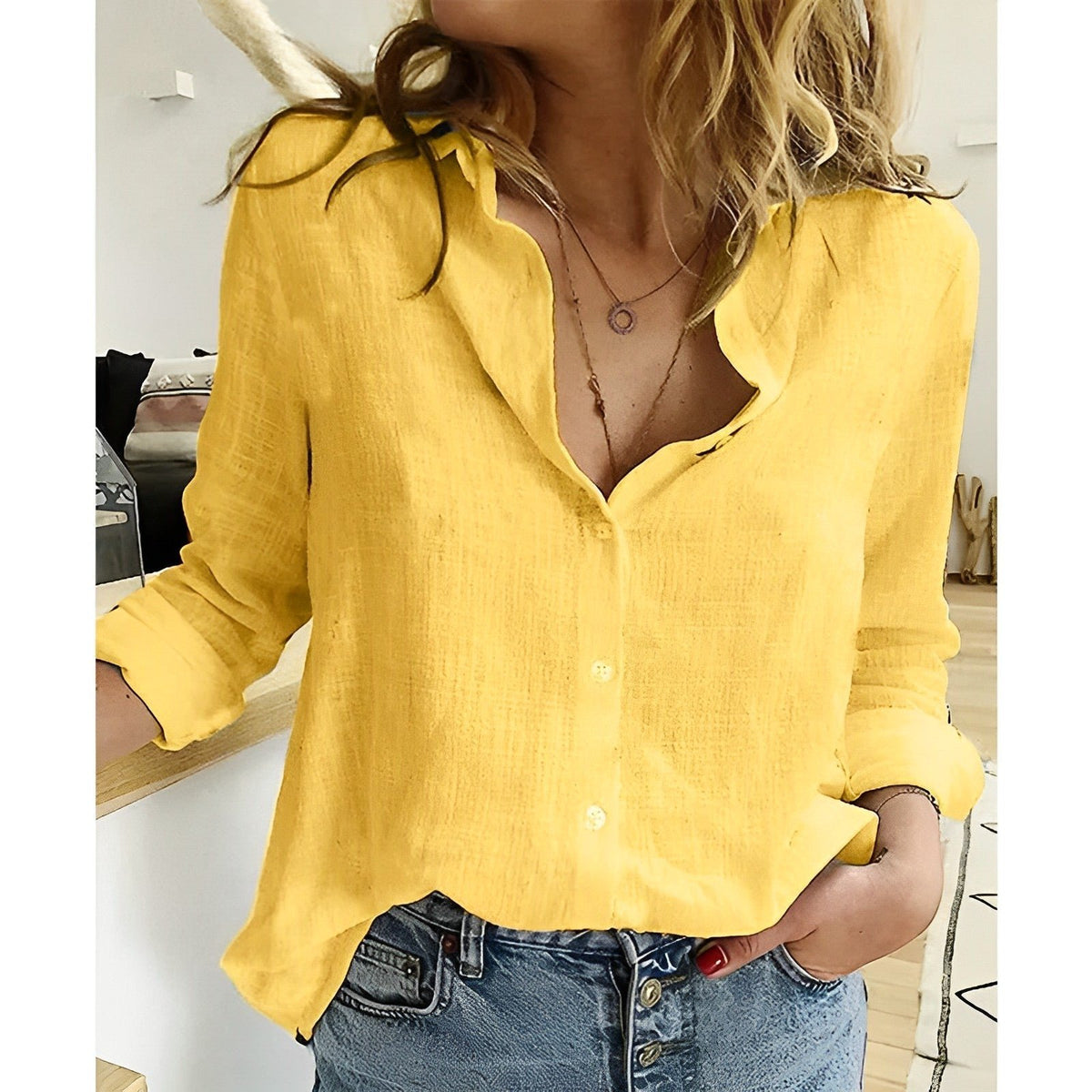 Women's V-Neck Blouse - Yellow