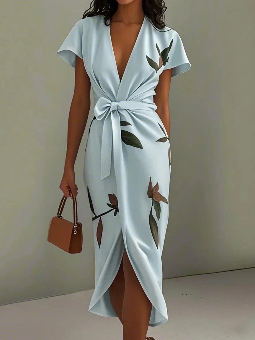 Floral Wrap Midi Dress - Light Blue