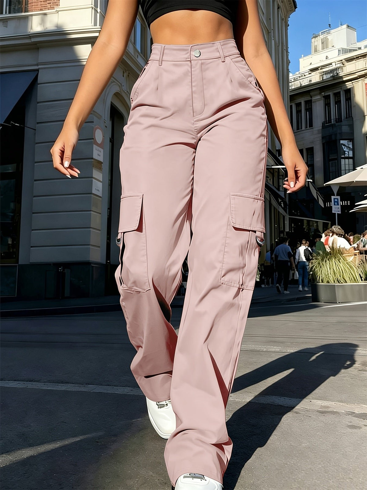 Women's High-Waisted Wide-Leg Cargo Pants - Pink