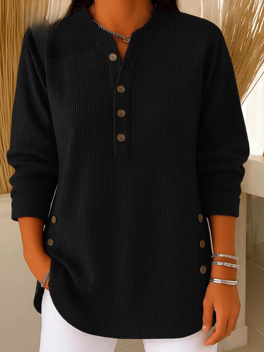 Women's Long Sleeve Knit Henley Tunic - Black