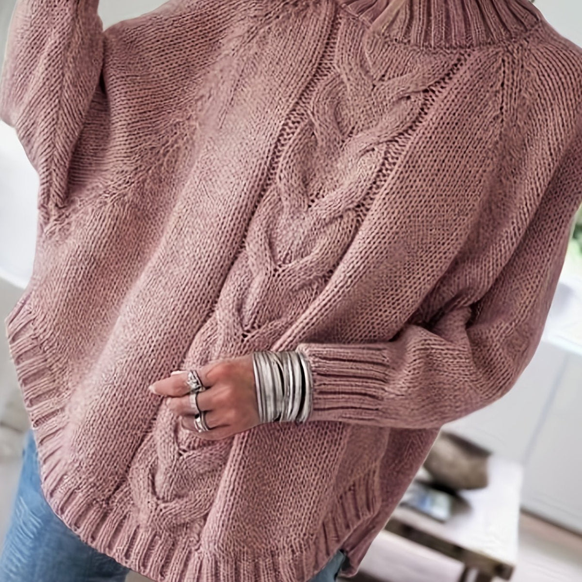 Women's Oversized Cable-Knit Turtleneck Sweater - Pale Pinkish Grey