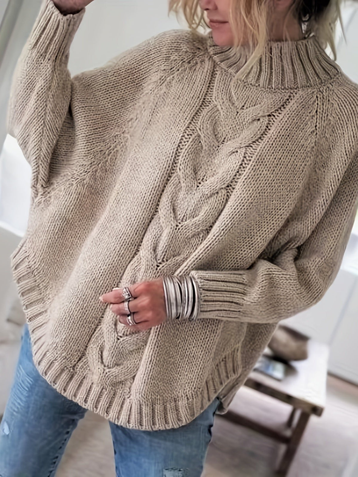 Women's Oversized Cable-Knit Turtleneck Sweater