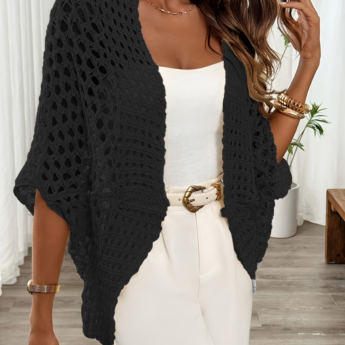 Women's Oversized Crochet Cardigan - Black