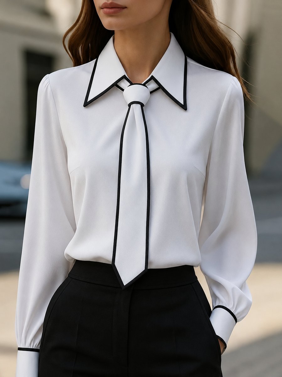 Women's Work Satin Tie-Neck Blouse - White