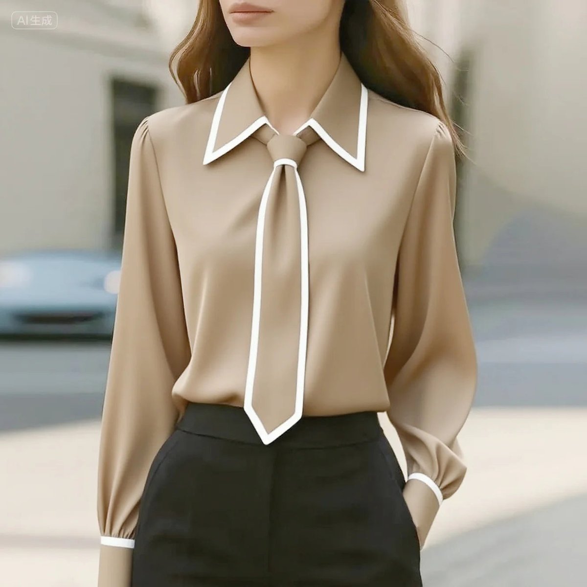 Women's Work Satin Tie-Neck Blouse - Beige