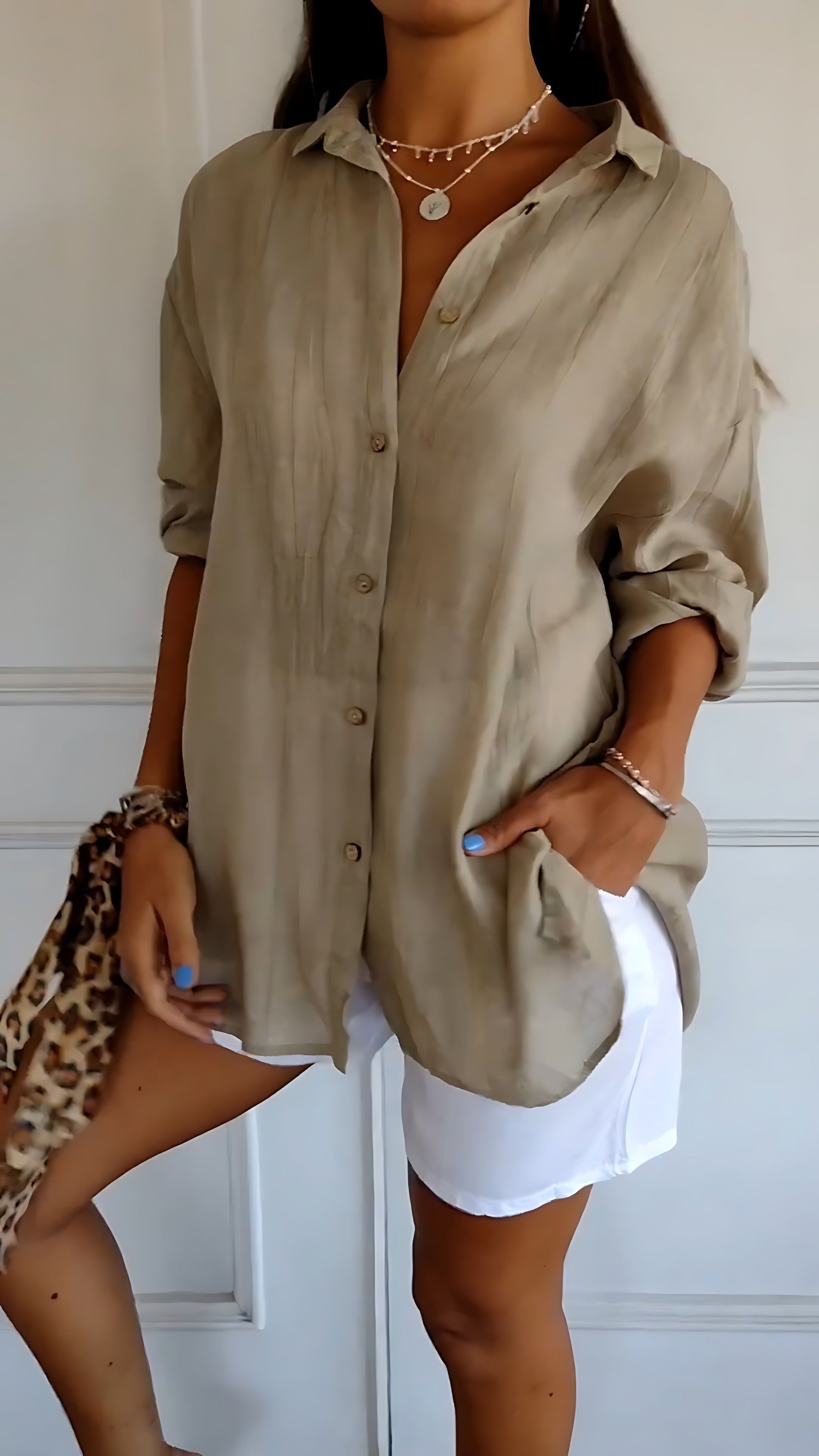 Oversized Long Sleeve Shirt - Khaki