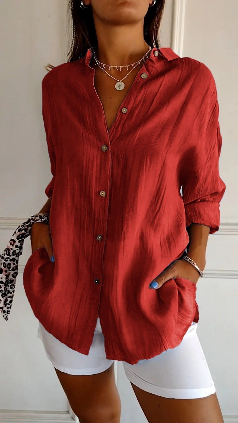 Oversized Long Sleeve Shirt - Red