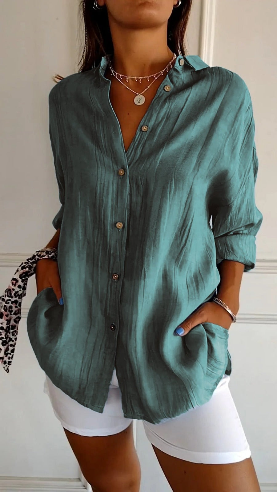 Oversized Long Sleeve Shirt - Teal Green