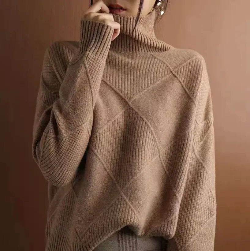 Women's Argyle Cashmere Turtleneck Sweater - Coffee