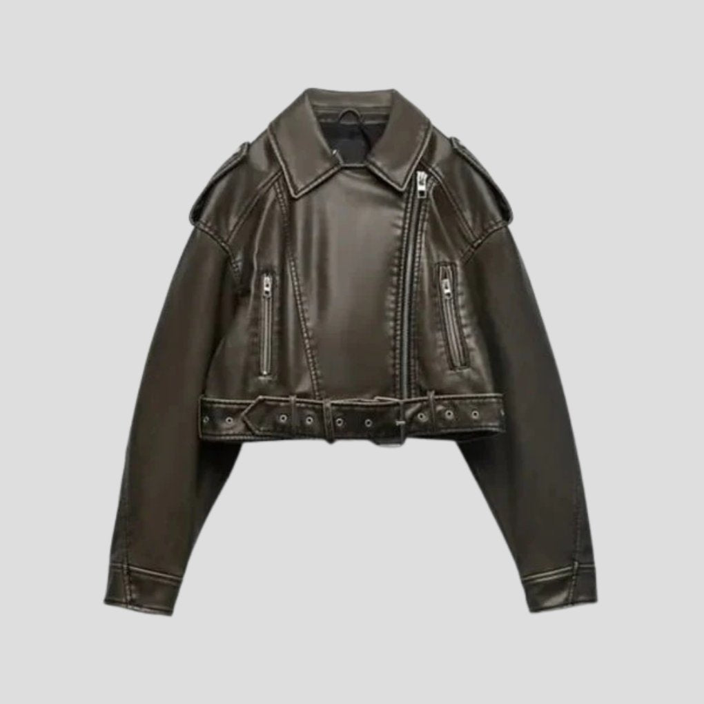 Women's Cropped Faux Leather Moto Jacket - Green