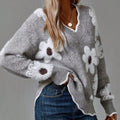 Women's Floral V-Neck Wool Sweater - Gray