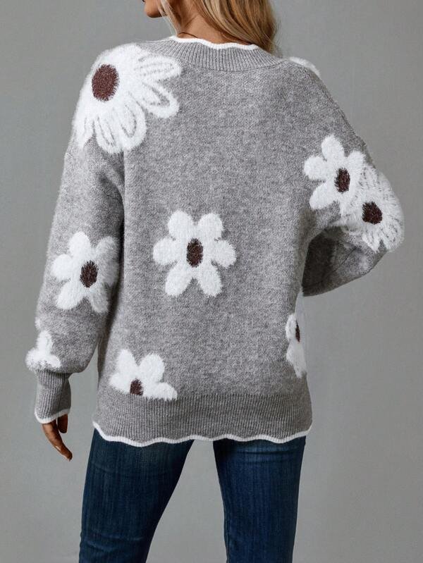 Women's Floral V-Neck Wool Sweater