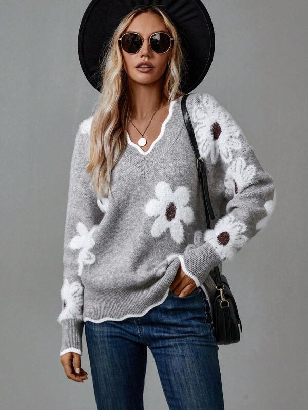 Women's Floral V-Neck Wool Sweater