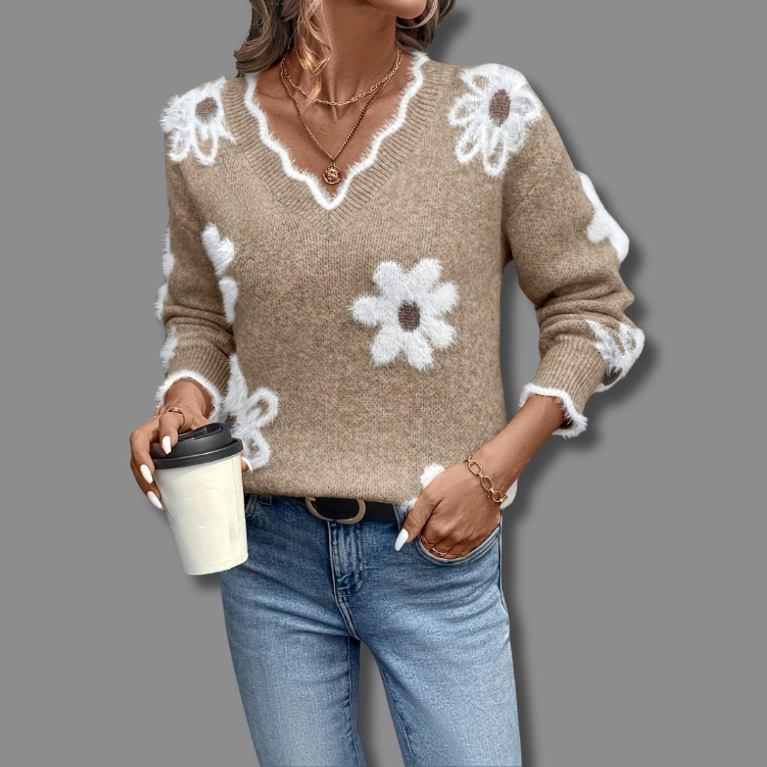 Women's Floral V-Neck Wool Sweater - Khaki