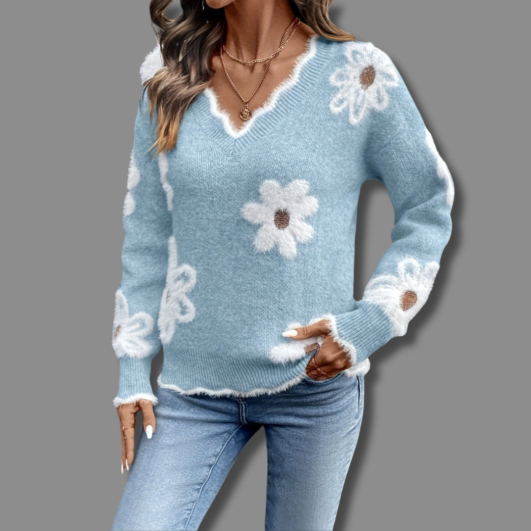 Women's Floral V-Neck Wool Sweater - Light Blue