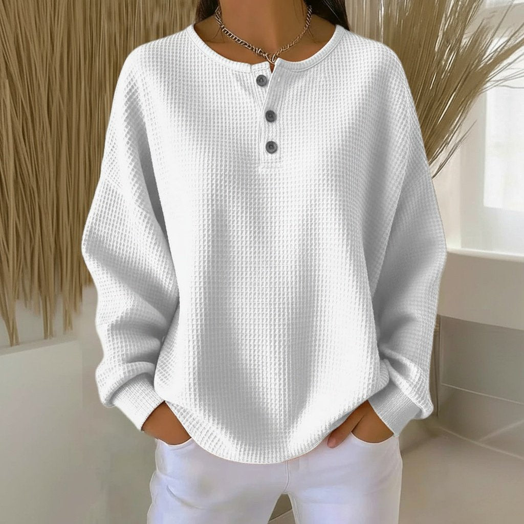 Women's Long Sleeve Oversized Waffle Knit Henley - White