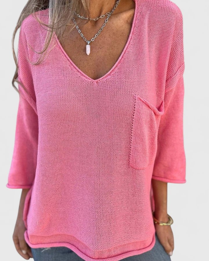 Women's Oversized V-Neck Sweater - Pink