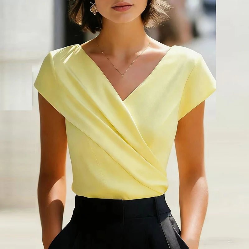 Women's Satin V-Neck Wrap Blouse - Yellow