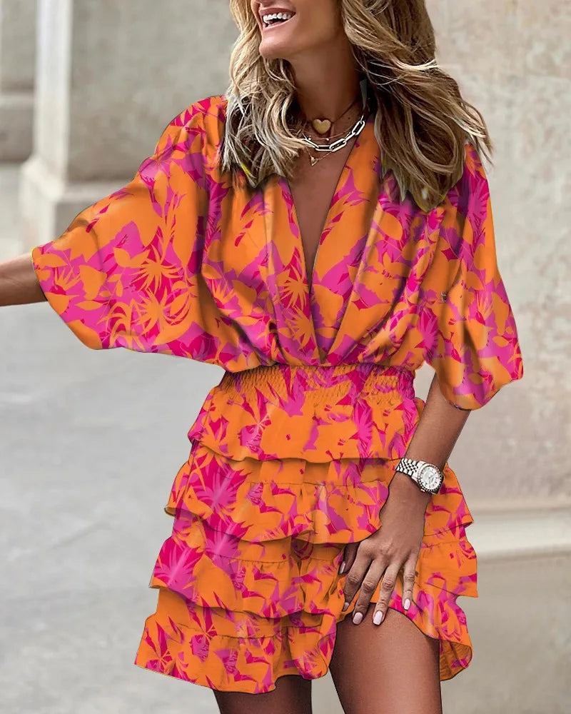 Floral Wrap Mini Dress - Orange