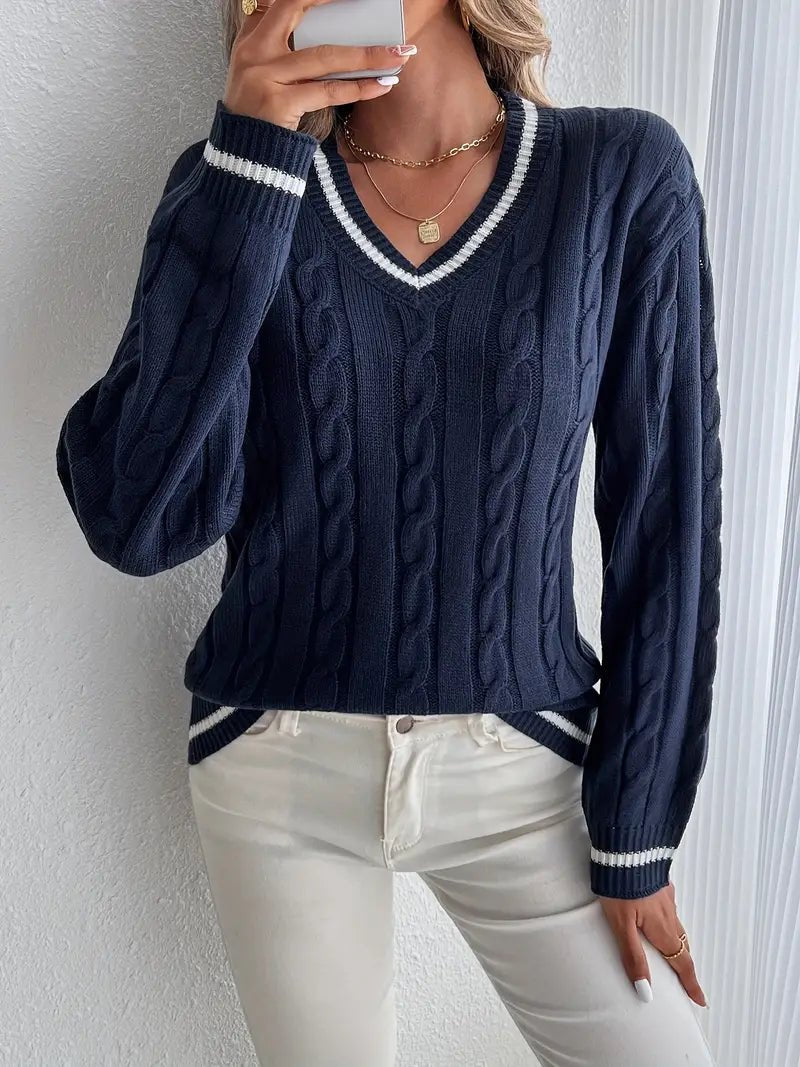 Women's Striped V-Neck Sweater - Navy Blue
