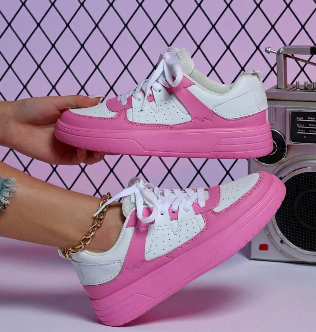 Women's Faux Leather Platform Sneakers - Pink