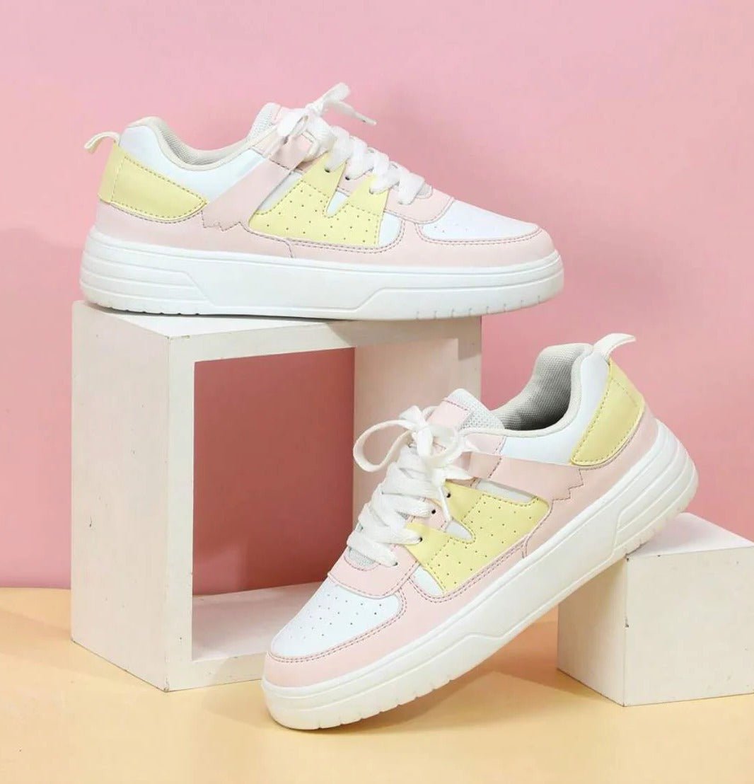 Women's Faux Leather Platform Sneakers - Yellow Rainbow
