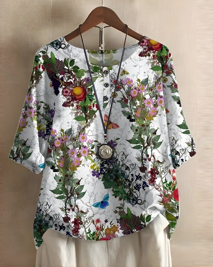 Women's Flowy Boho Blouse - White Flowers