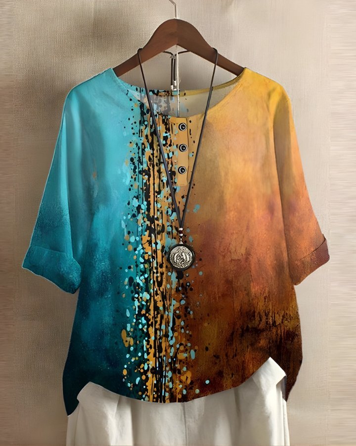 Women's Flowy Boho Blouse - Blue/Orange