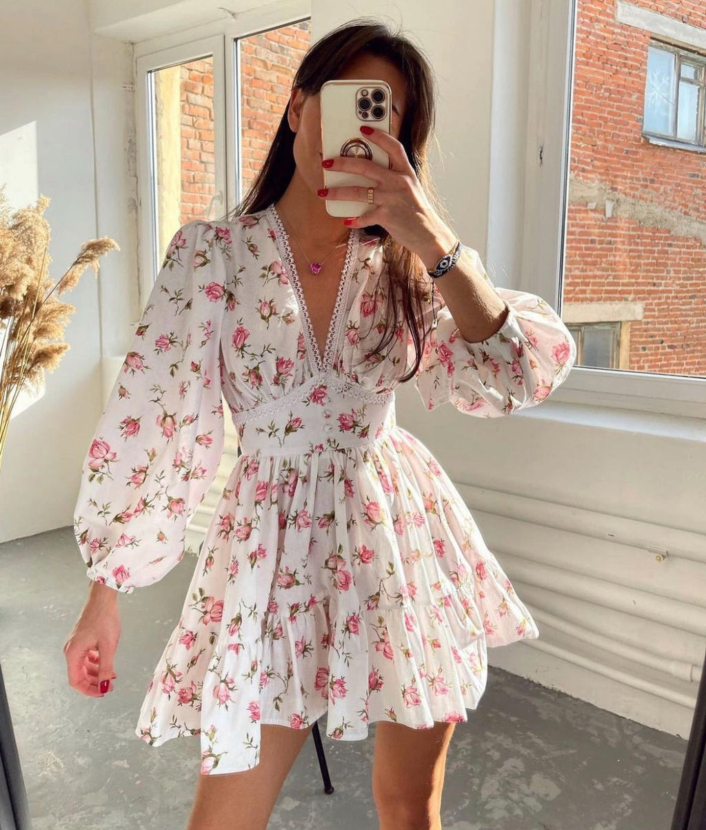 Floral Long Sleeve Mini Dress - Pink