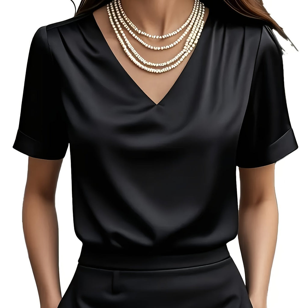 Women's Satin V-Neck Blouse - Black