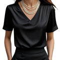 Women's Satin V-Neck Blouse - Black